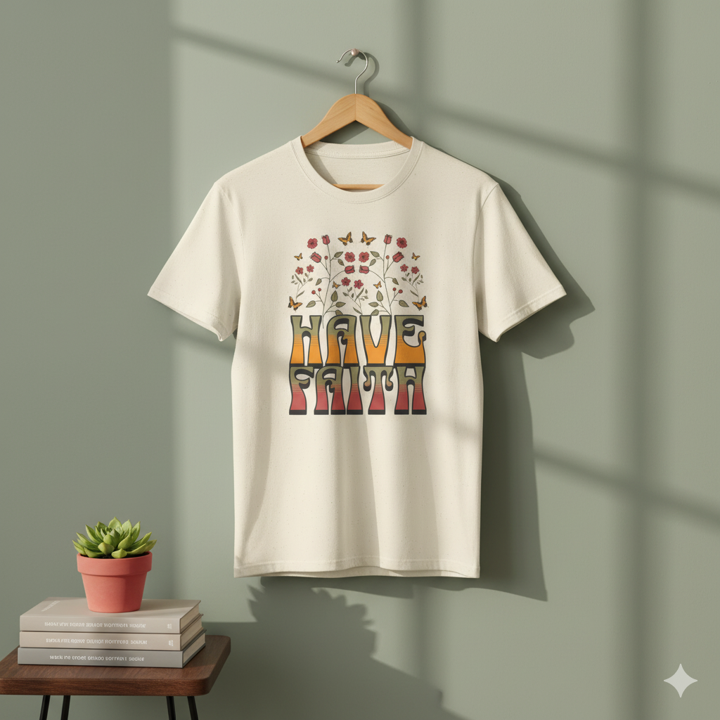 Retro 60s Style Have Faith Floral Design T-Shirt