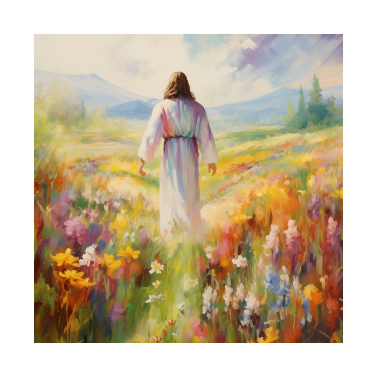 “He Walks Among Flowers” – Christian Art Print