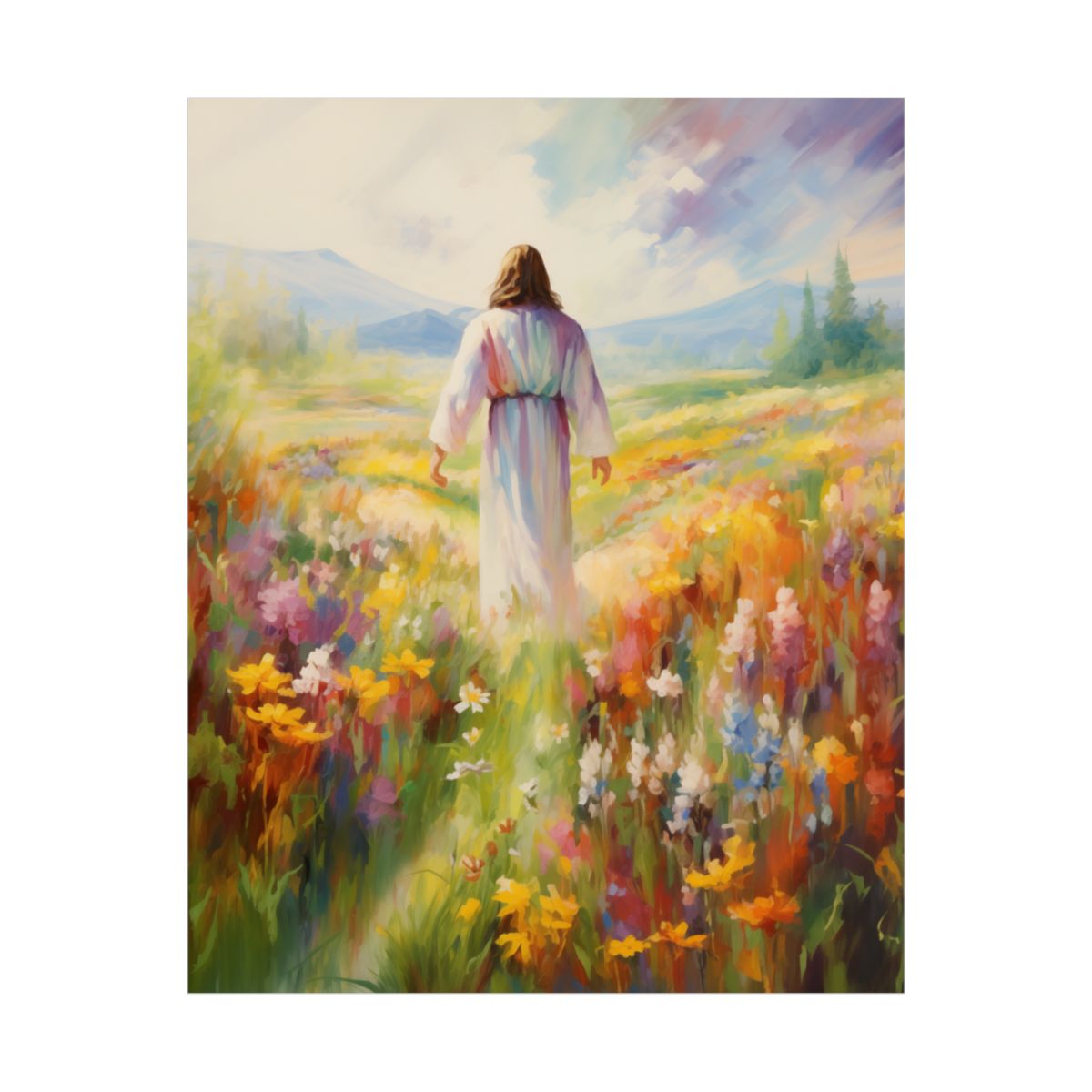 “He Walks Among Flowers” – Christian Art Print