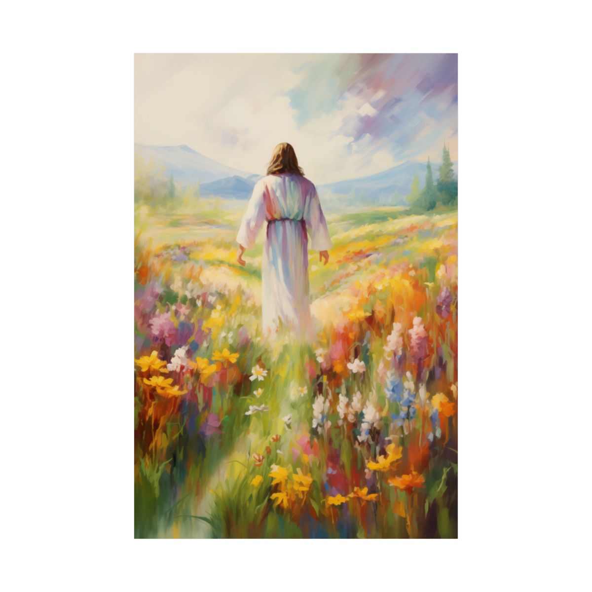 “He Walks Among Flowers” – Christian Art Print