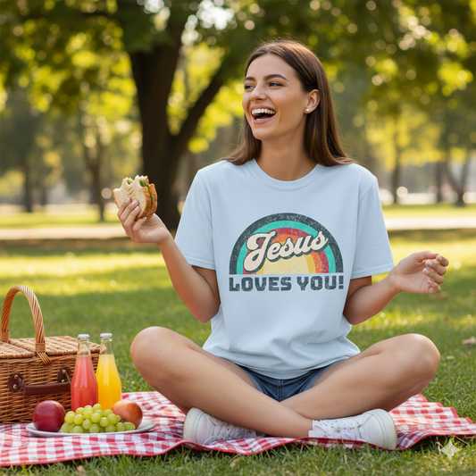 Jesus Loves You 70s Retro Rainbow Shirt