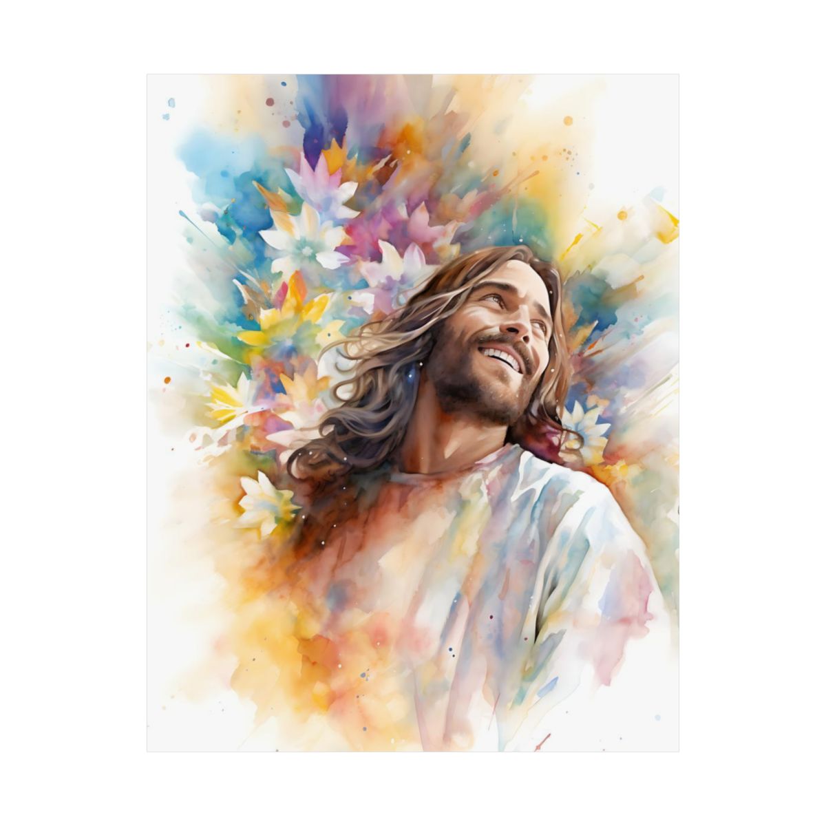 "Laughing Jesus With Flowers" – Sunday School Wall Art Print