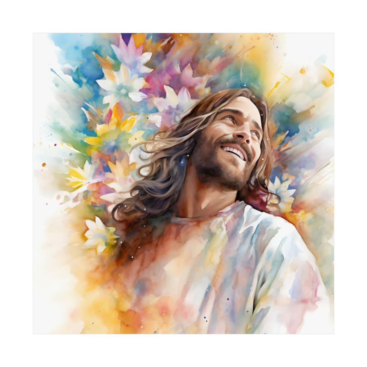 Laughing Jesus With Flowers | Watercolor Style | Fine Art Print