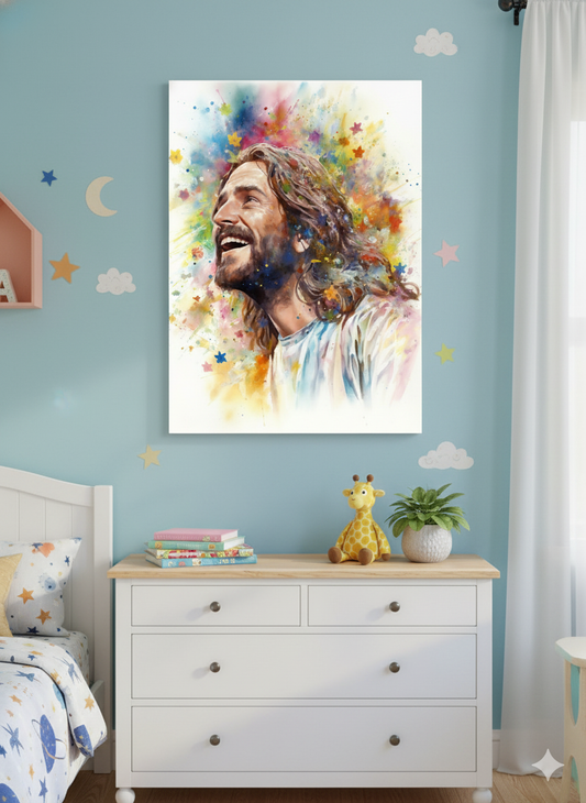 Our Savior Jesus Laughing | Joyful & Colorful | Christian Canvas Wall Art