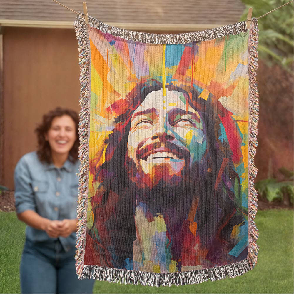 Laughing Jesus - Christian Joy Heirloom Artwork Woven Blanket