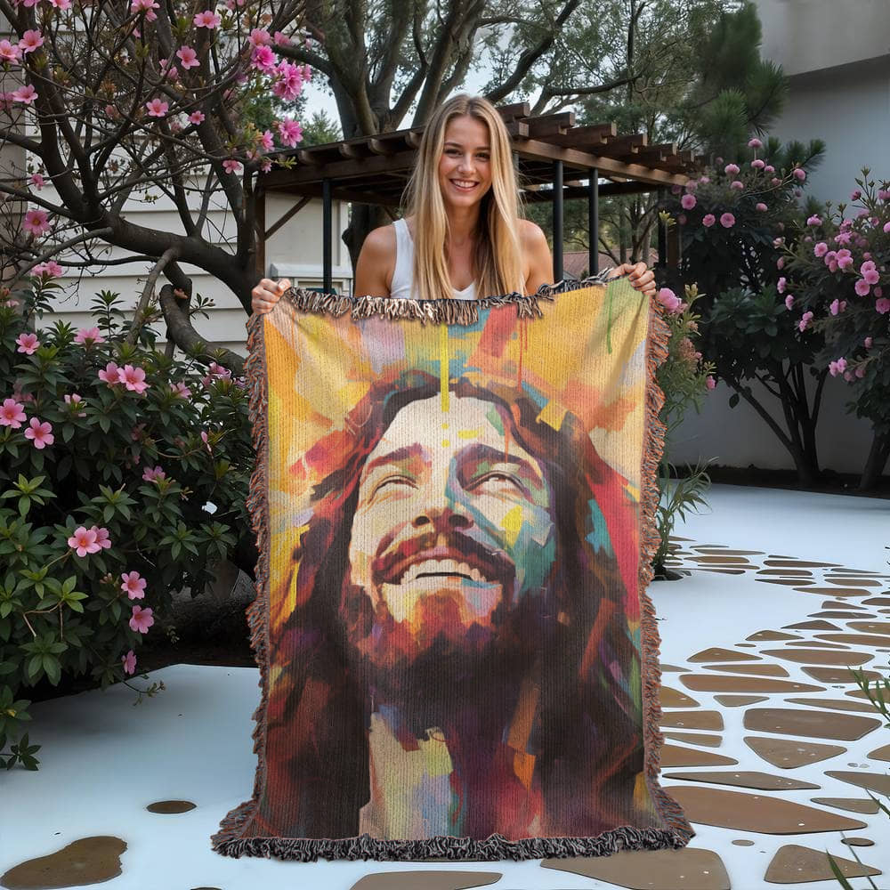 Laughing Jesus - Christian Joy Heirloom Artwork Woven Blanket