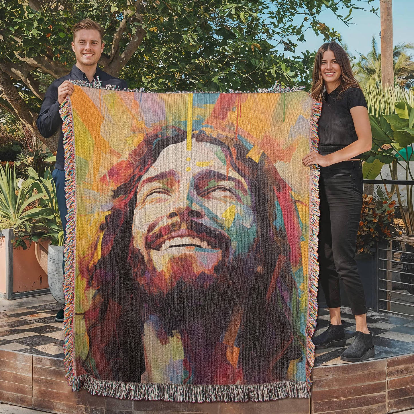 Laughing Jesus - Christian Joy Heirloom Artwork Woven Blanket