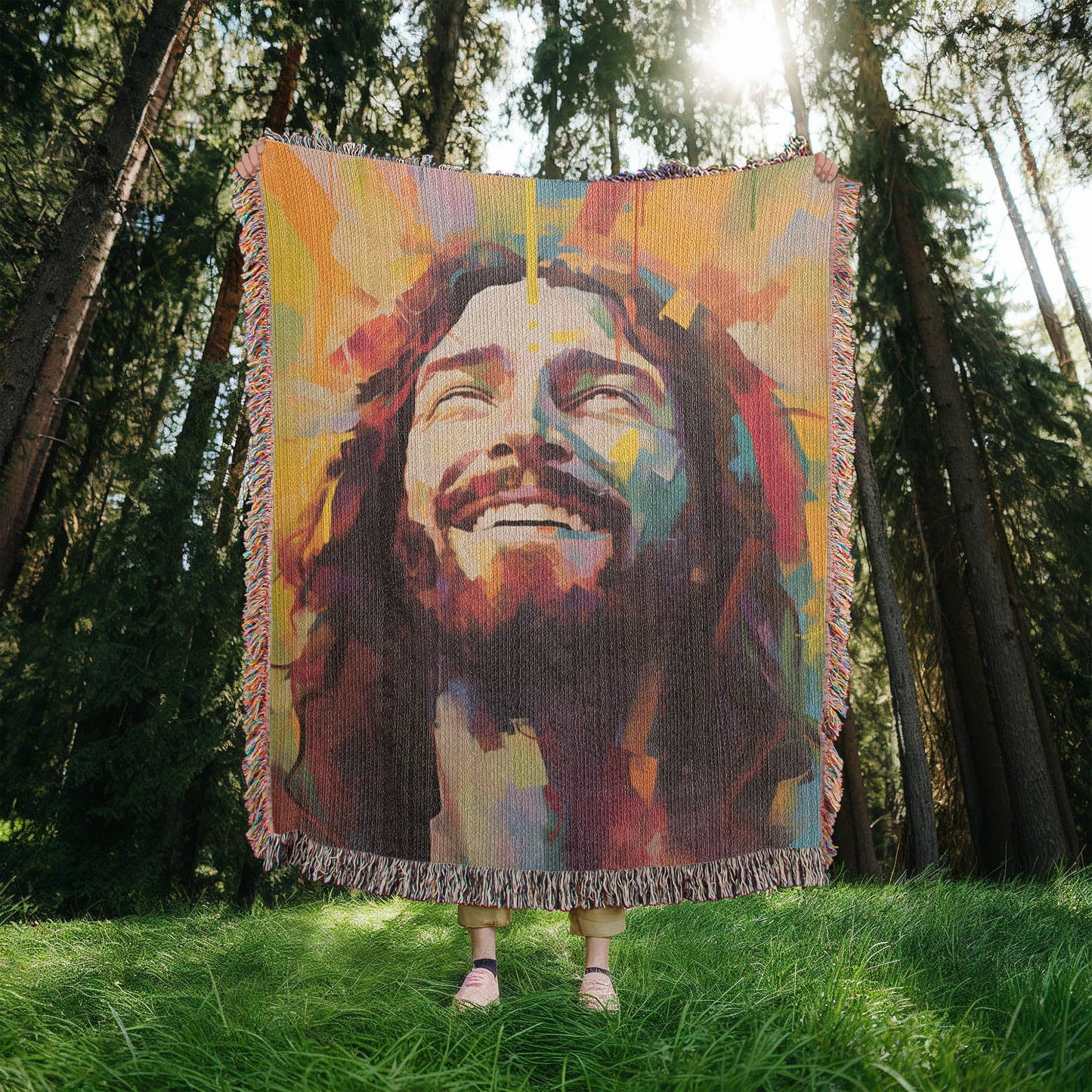 Laughing Jesus - Christian Joy Heirloom Artwork Woven Blanket
