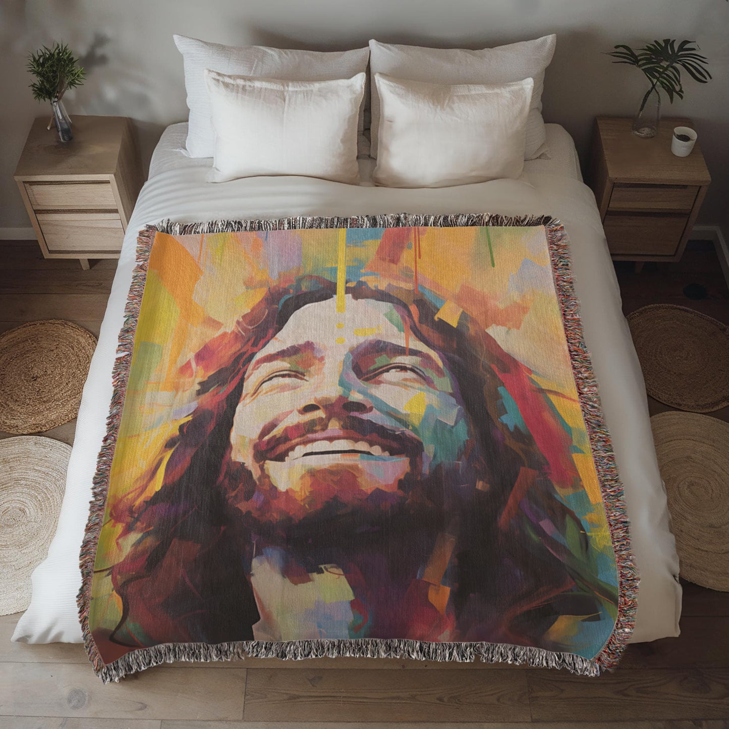 Laughing Jesus - Christian Joy Heirloom Artwork Woven Blanket