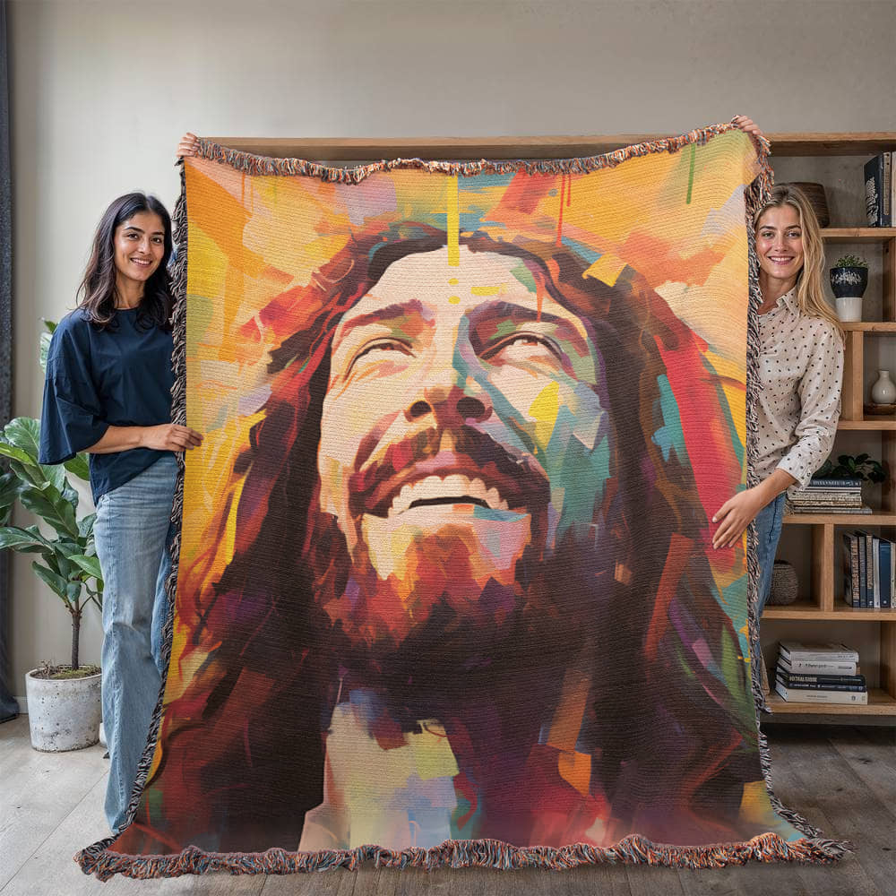 Laughing Jesus - Christian Joy Heirloom Artwork Woven Blanket