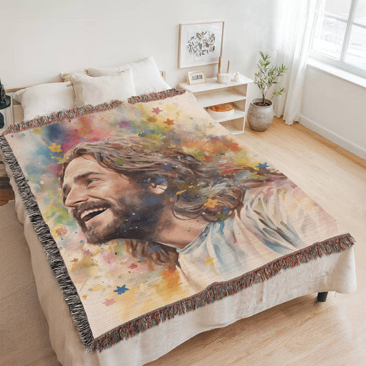 Our Savior Jesus Laughing | Joyful & Colorful | Christian Woven Throw Blanket