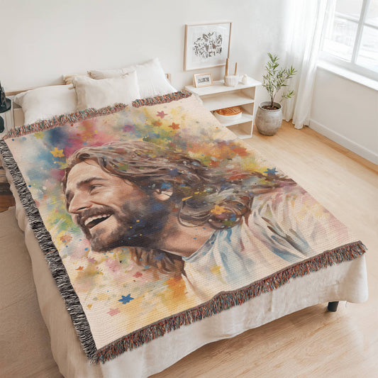 Our Joyful Savior Jesus Laughing | Christian Woven Throw Blanket - ChristVisions