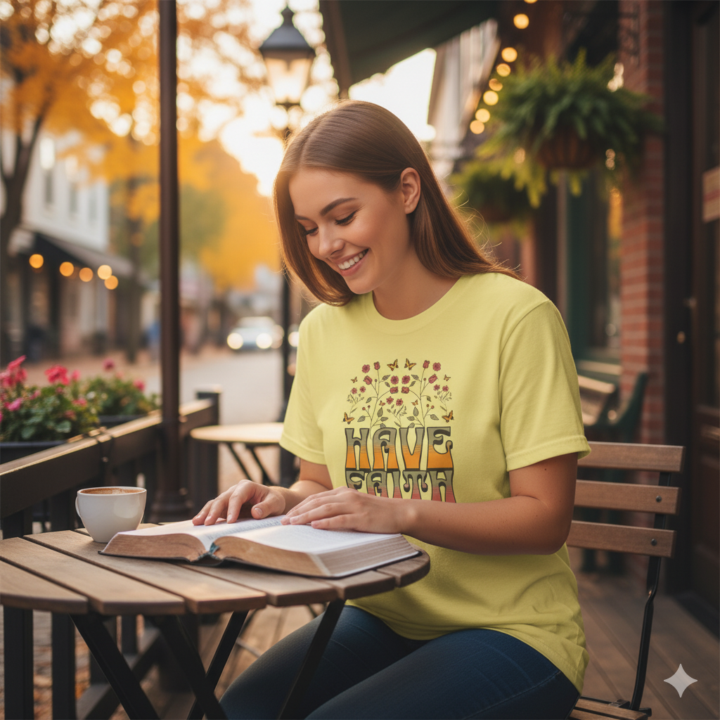 Retro 60s Style Have Faith Floral Design T-Shirt