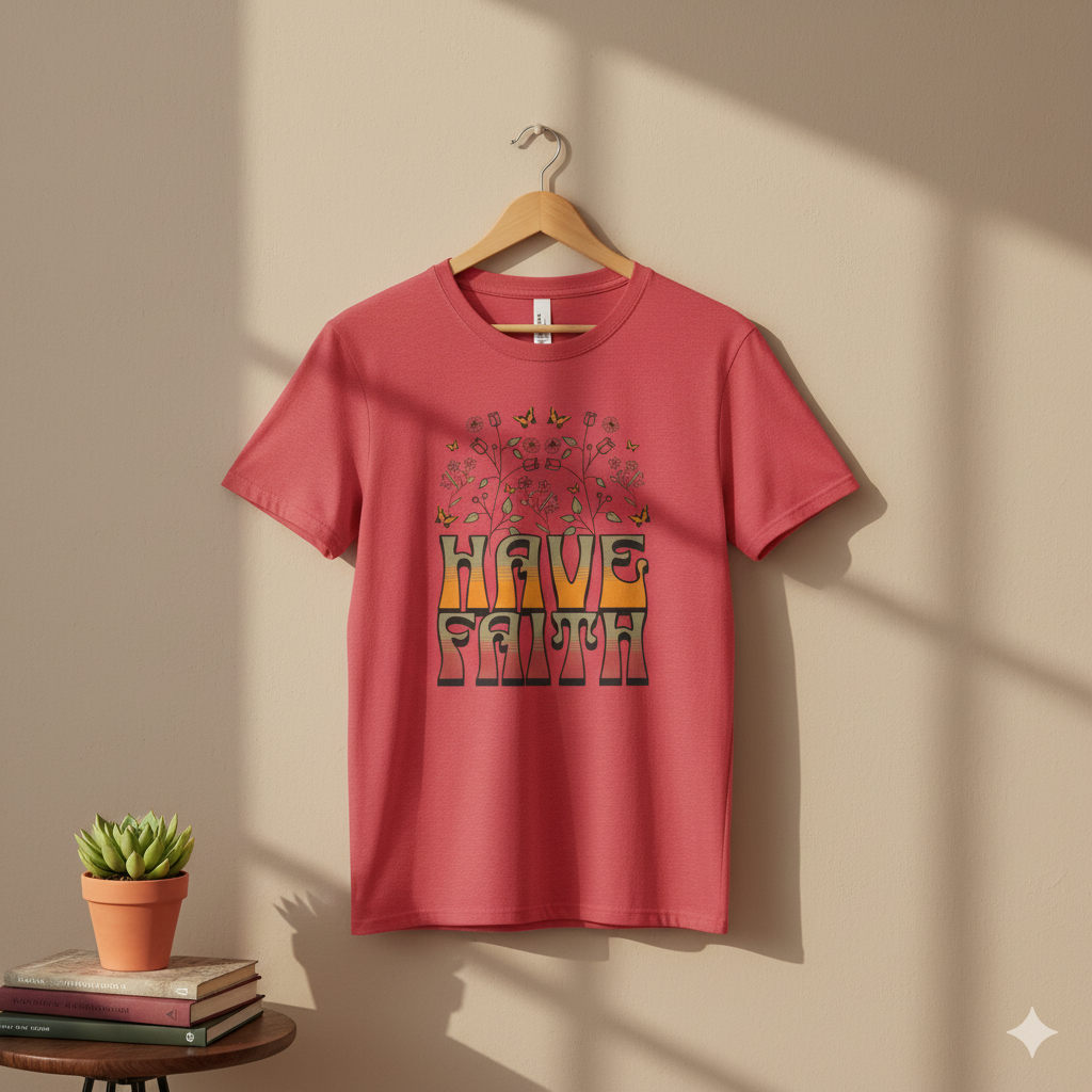 Retro 60s Style Have Faith Floral Design T-Shirt