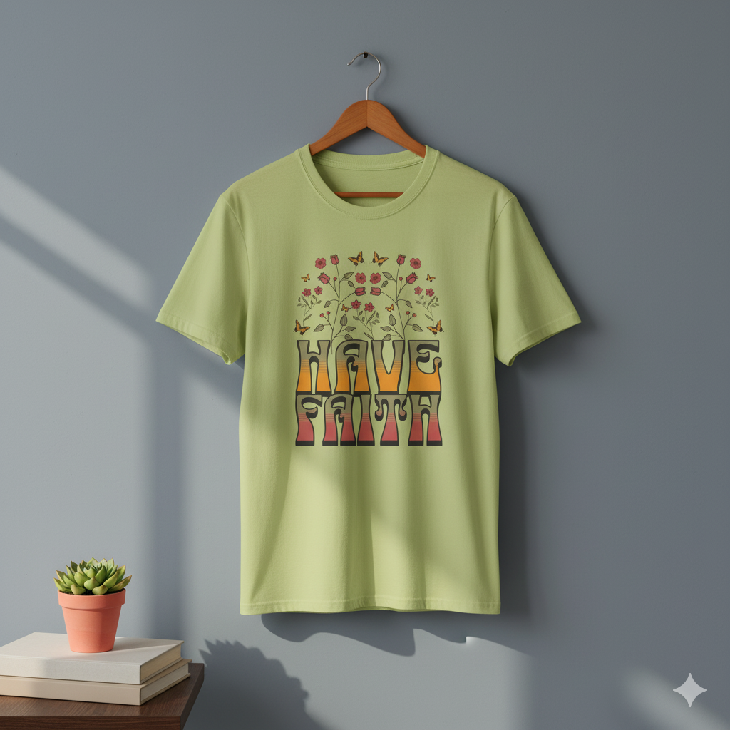 Retro 60s Style Have Faith Floral Design T-Shirt