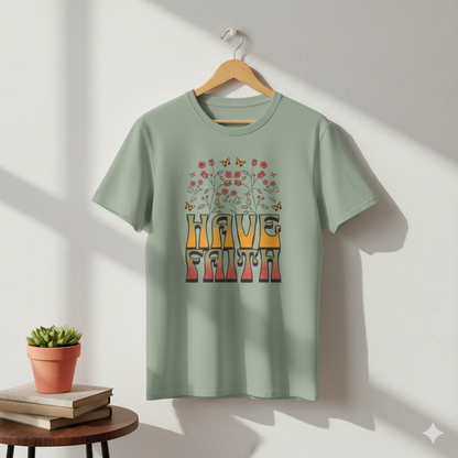 Retro 60s Style Have Faith Floral Design T-Shirt