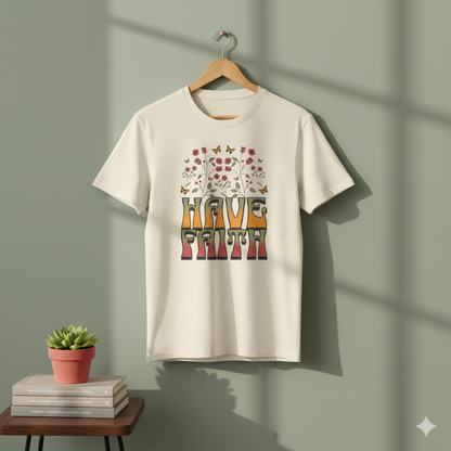Retro 60s Style Have Faith Floral Design T-Shirt