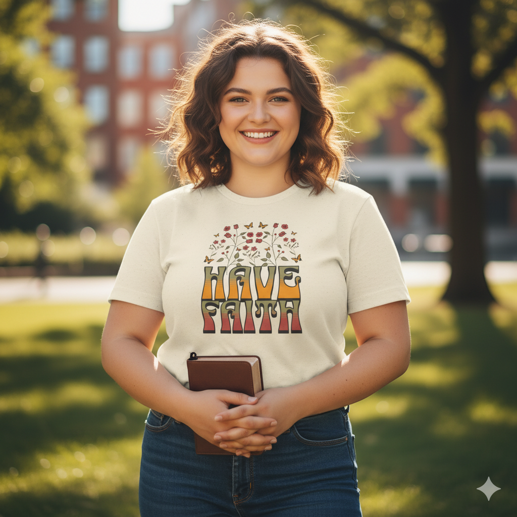 Retro 60s Style Have Faith Floral Design T-Shirt
