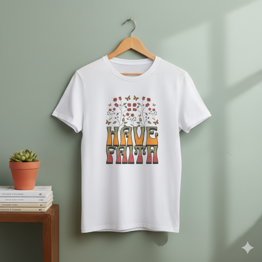 Retro 60s Style Have Faith Floral Design T-Shirt