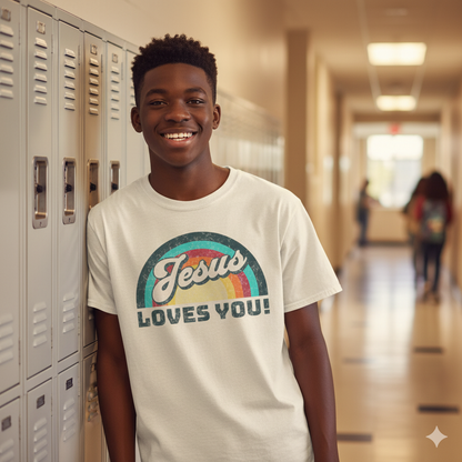 Jesus Loves You 70s Retro Rainbow Shirt
