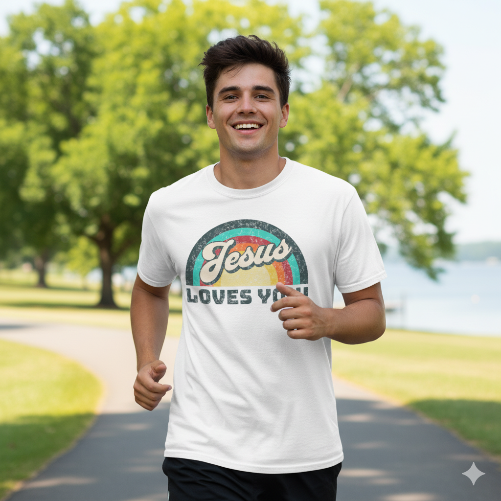 Jesus Loves You 70s Retro Rainbow Shirt