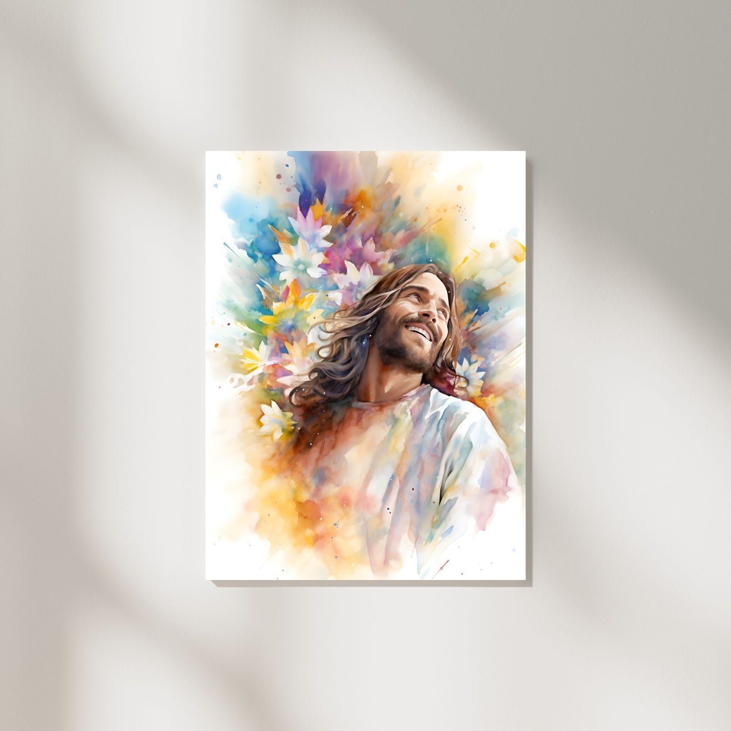 Laughing Jesus With Flowers | Watercolor Style | Fine Art Print