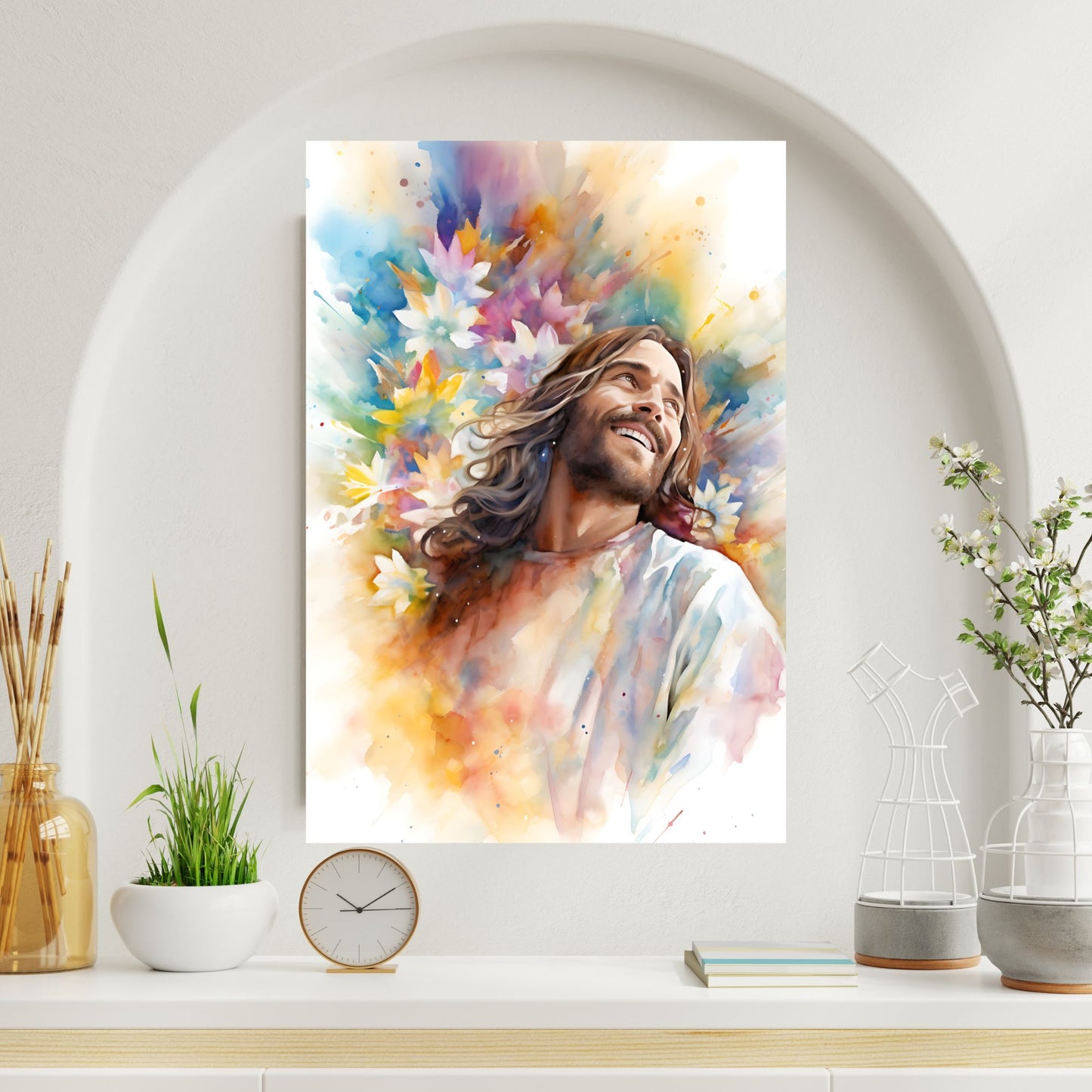 Laughing Jesus With Flowers | Watercolor Style | Fine Art Print