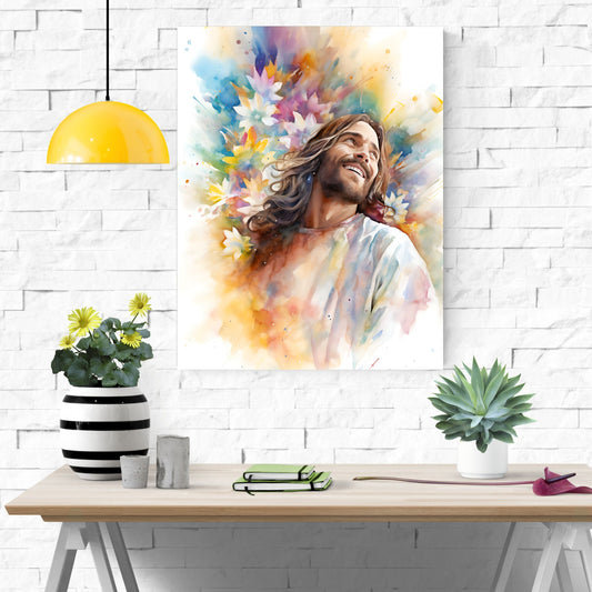 Laughing Jesus With Flowers | Watercolor Style | Fine Art Print