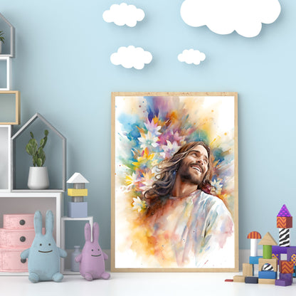 Laughing Jesus With Flowers | Watercolor Style | Fine Art Print