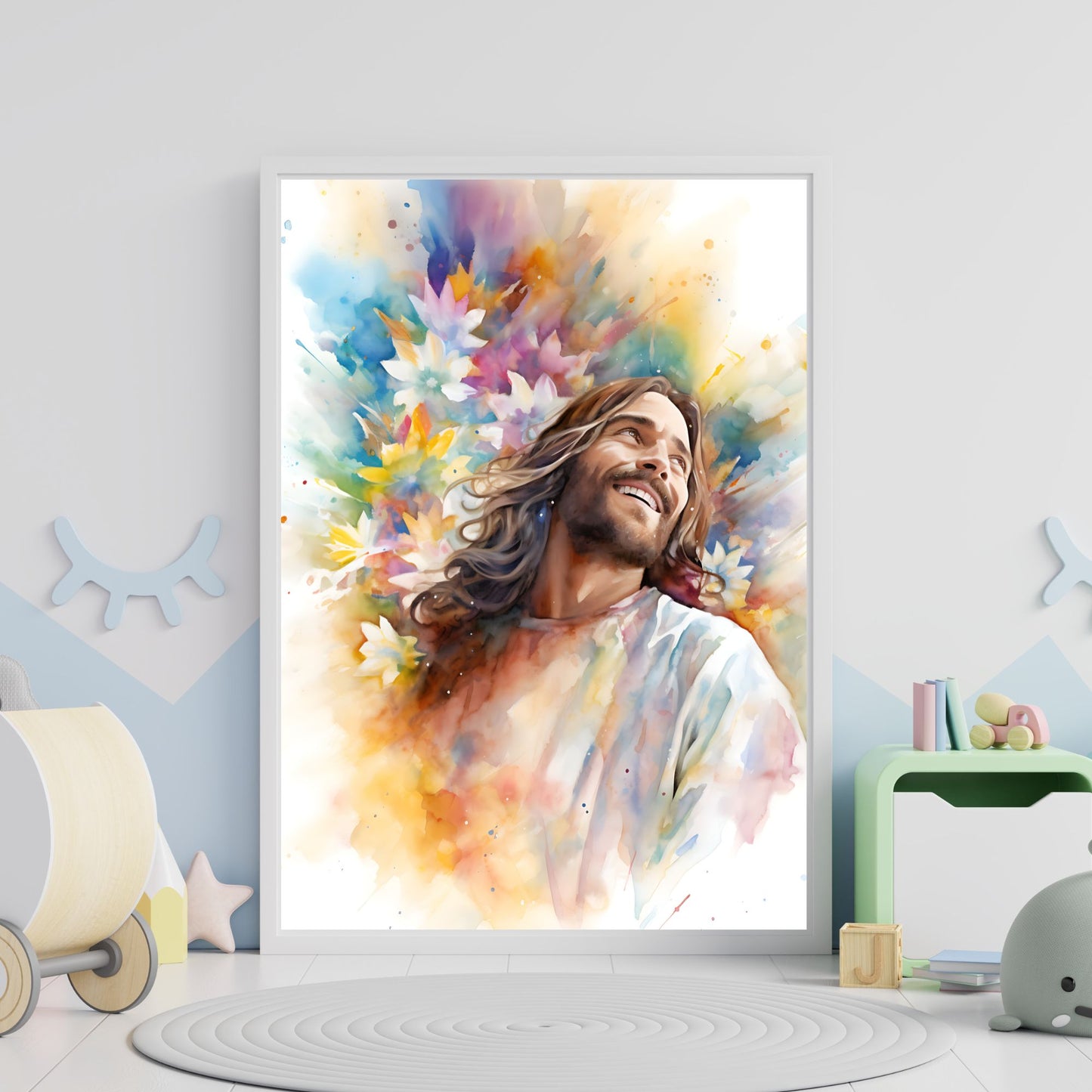 Laughing Jesus With Flowers | Watercolor Style | Fine Art Print