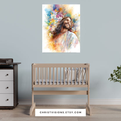 Laughing Jesus With Flowers | Watercolor Style | Fine Art Print