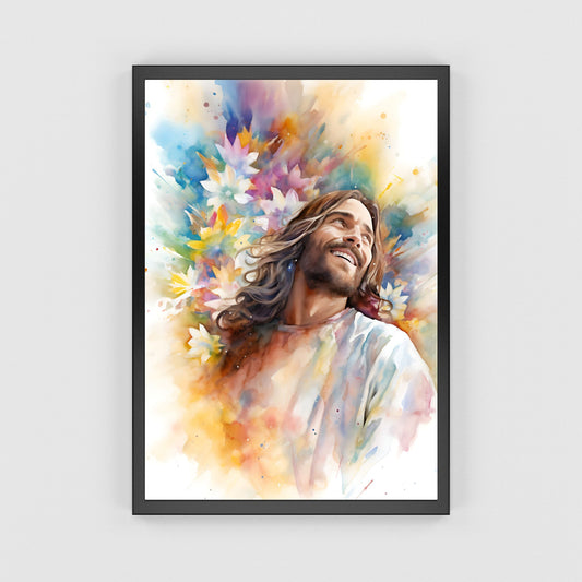 Laughing Jesus With Flowers | Watercolor Style | Fine Art Print