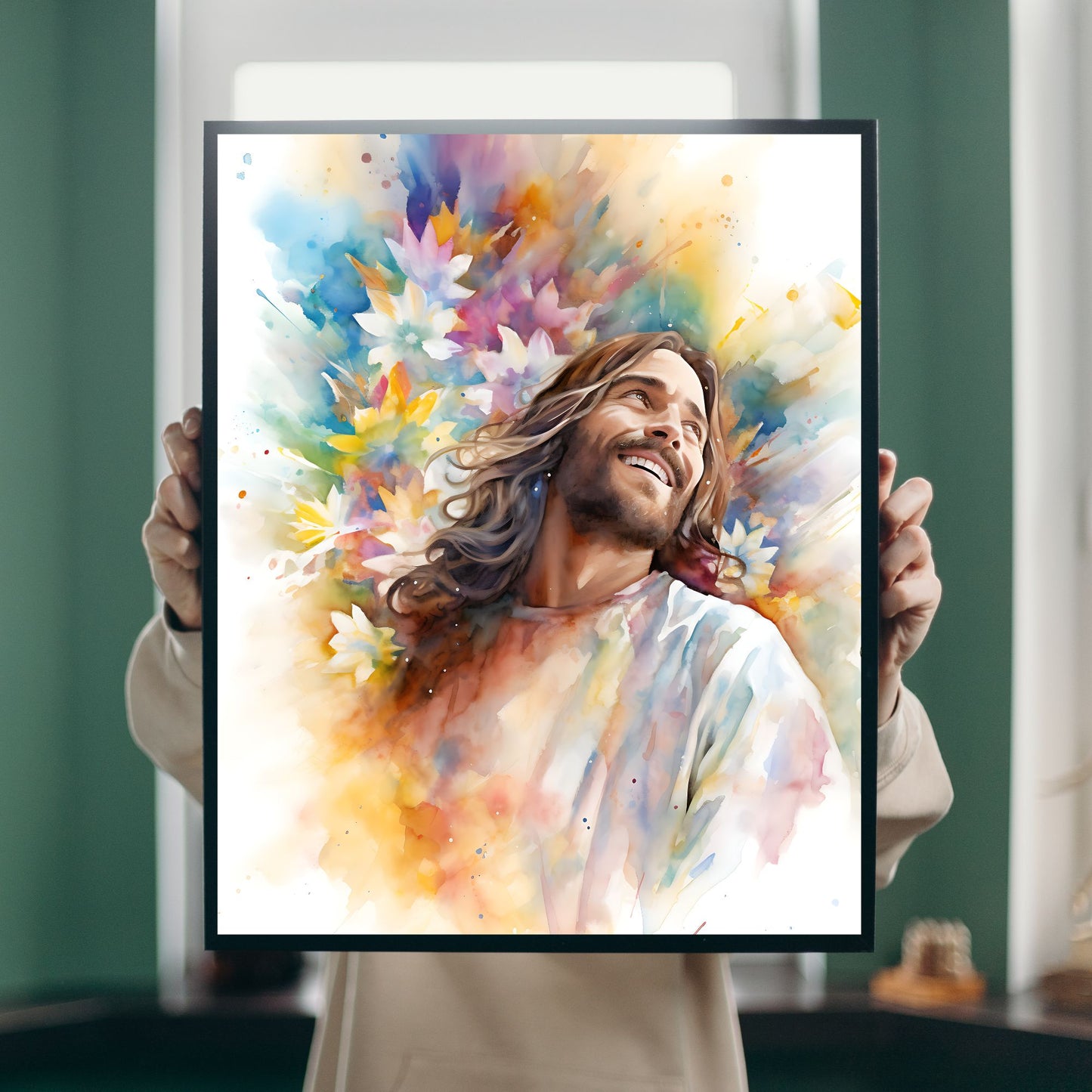 Laughing Jesus With Flowers | Watercolor Style | Fine Art Print