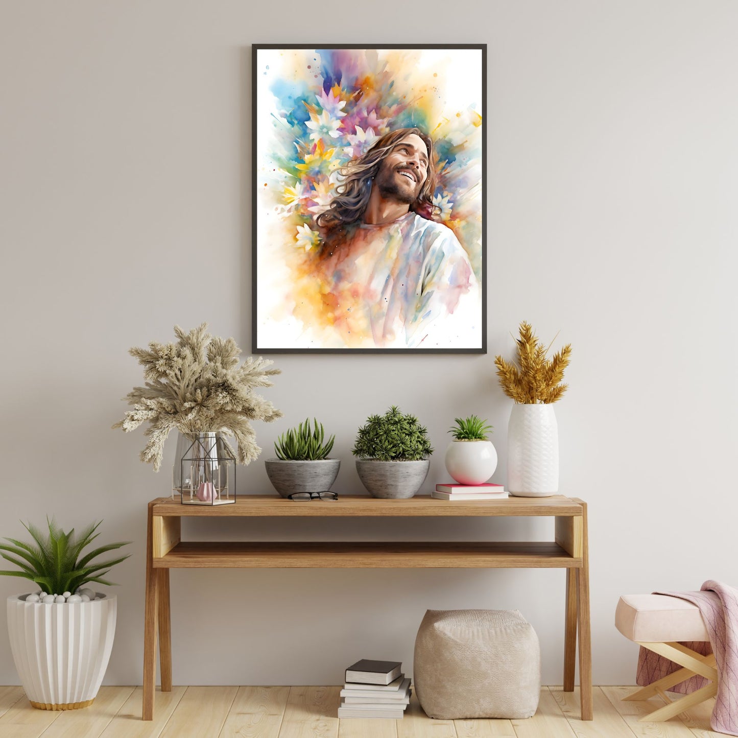 Laughing Jesus With Flowers | Watercolor Style | Fine Art Print