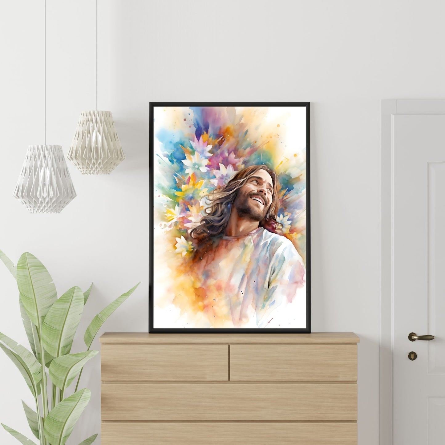 Laughing Jesus With Flowers | Watercolor Style | Fine Art Print