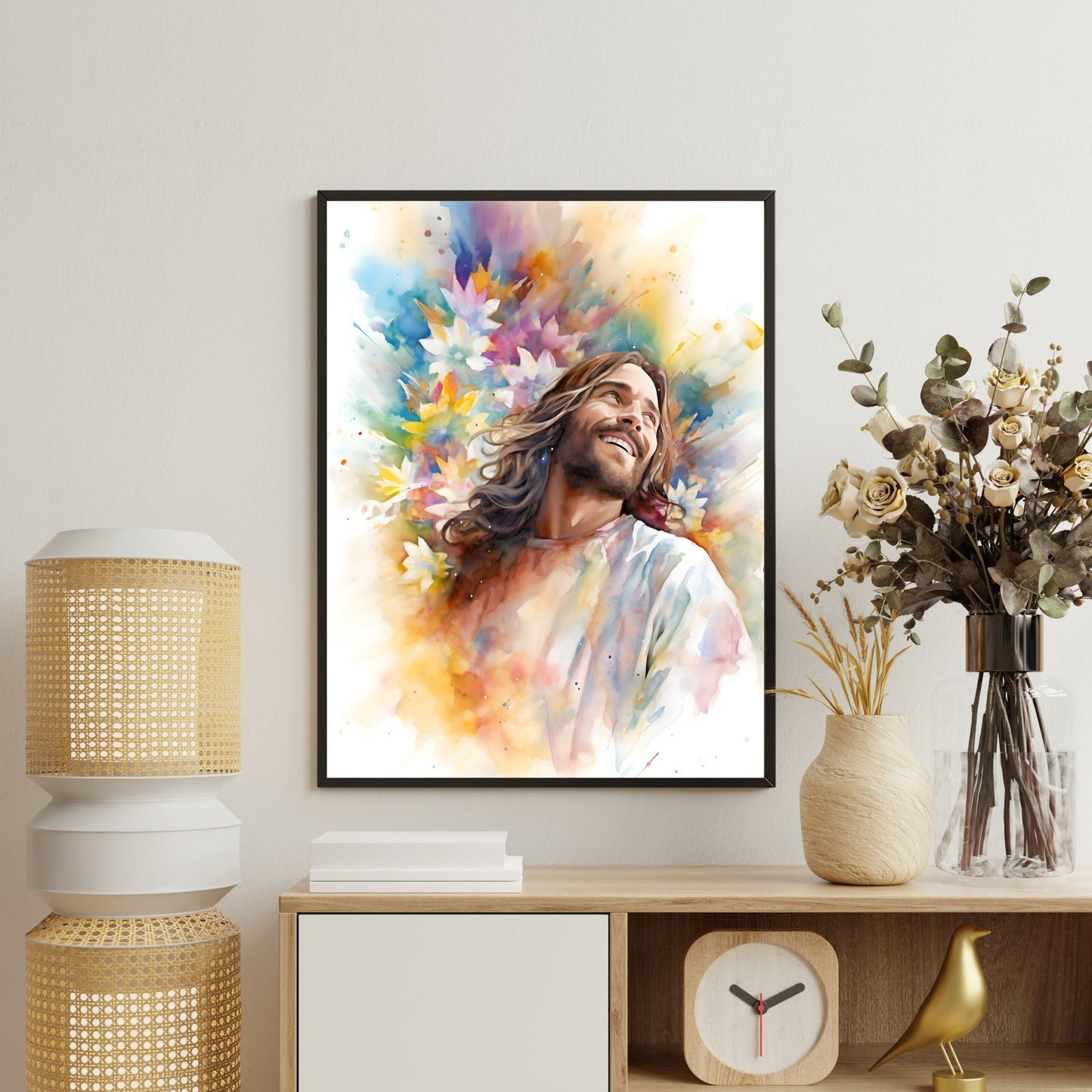 Laughing Jesus With Flowers | Watercolor Style | Fine Art Print