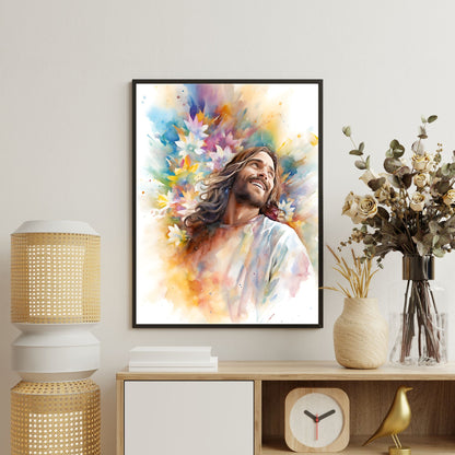 Laughing Jesus With Flowers | Watercolor Style | Fine Art Print