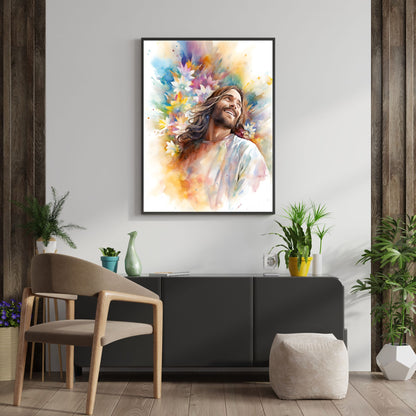 Laughing Jesus With Flowers | Watercolor Style | Fine Art Print