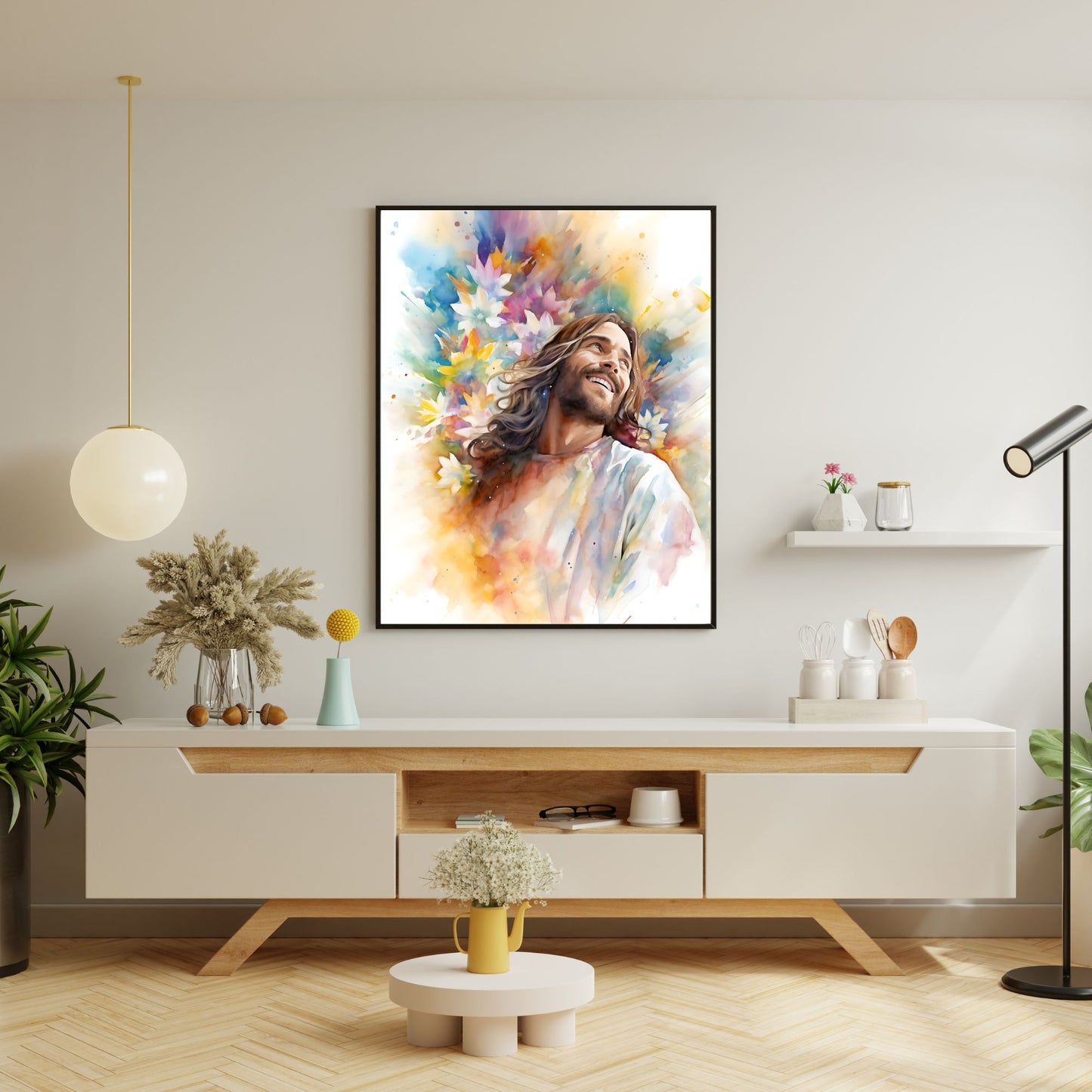 Laughing Jesus With Flowers | Watercolor Style | Fine Art Print