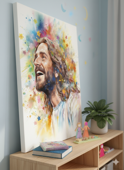Our Savior Jesus Laughing | Joyful & Colorful | Christian Canvas Wall Art