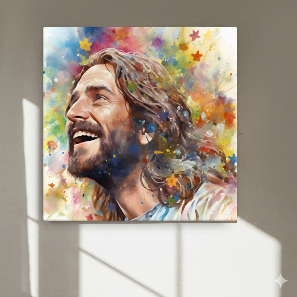 Our Savior Jesus Laughing | Joyful & Colorful | Christian Canvas Wall Art