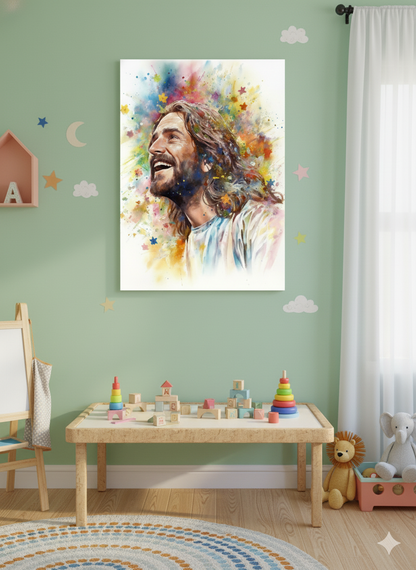 Our Savior Jesus Laughing | Joyful & Colorful | Christian Canvas Wall Art