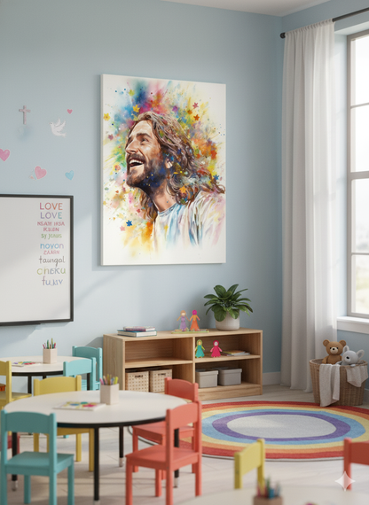 Our Savior Jesus Laughing | Joyful & Colorful | Christian Canvas Wall Art