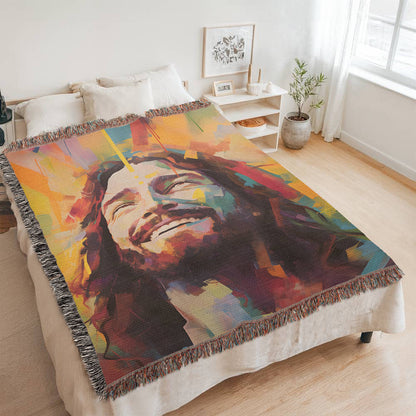 Laughing Jesus - Christian Joy Heirloom Artwork Woven Blanket