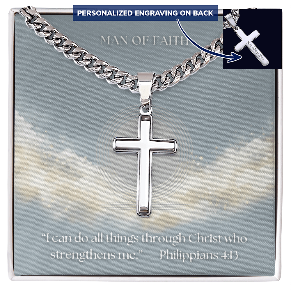 Man of Faith" Men's Stainless Steel Cross Necklace – Cuban Link Chain