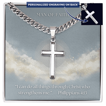 Man of Faith" Men's Stainless Steel Cross Necklace – Cuban Link Chain