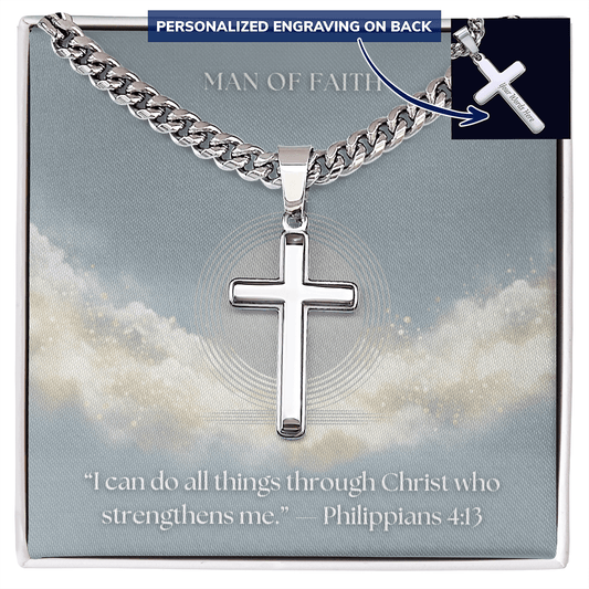 Man of Faith" Men's Stainless Steel Cross Necklace – Cuban Link Chain