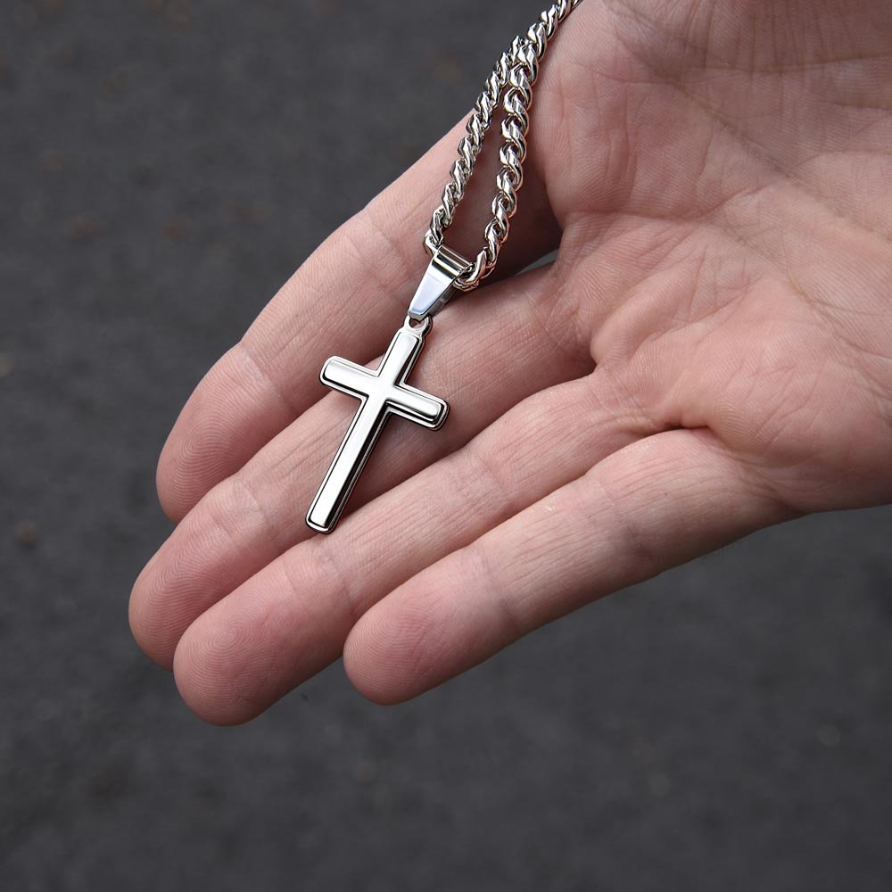 Man of Faith" Men's Stainless Steel Cross Necklace – Cuban Link Chain