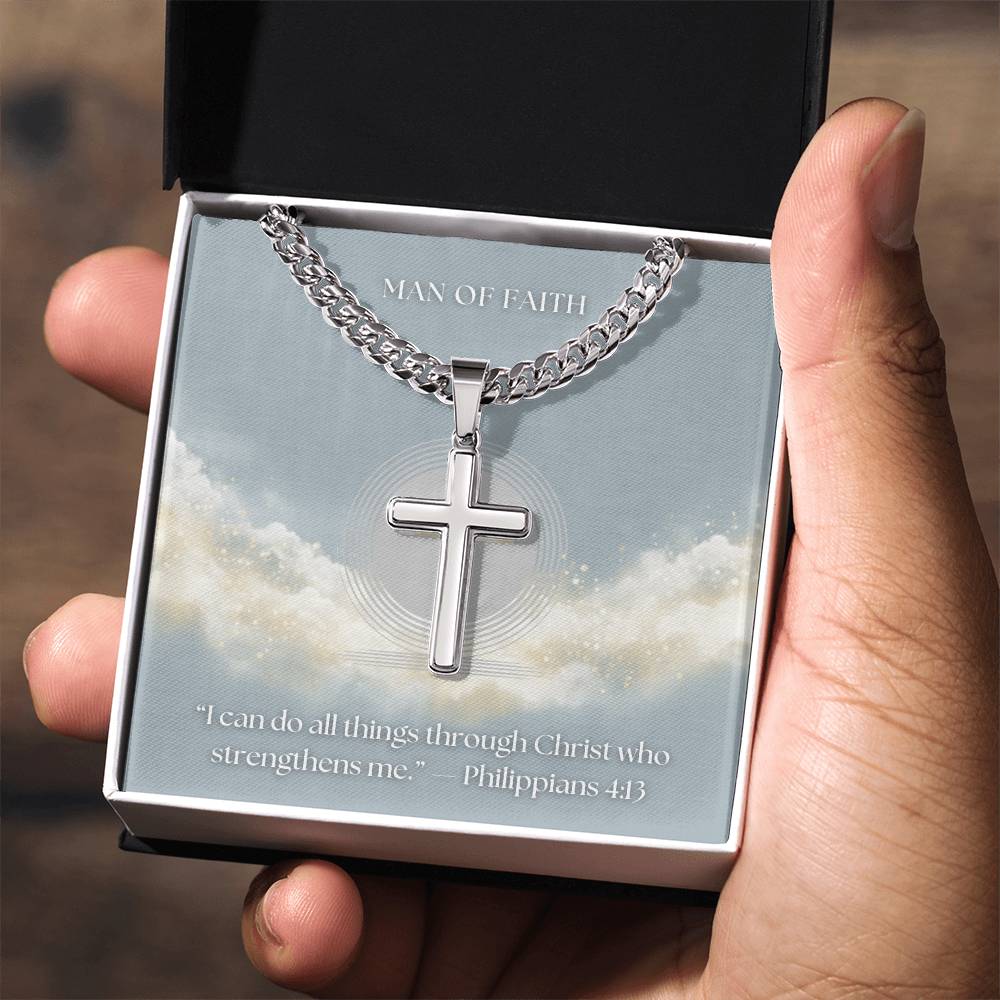 Man of Faith" Men's Stainless Steel Cross Necklace – Cuban Link Chain