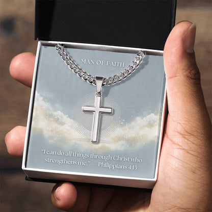Man of Faith" Men's Stainless Steel Cross Necklace – Cuban Link Chain